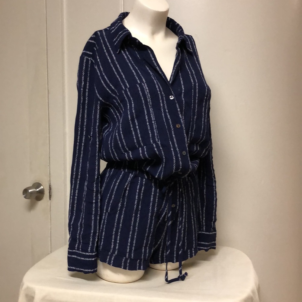 Olivaceous Blue White XI Stripe Romper Long Tab Sleeves Pockets Drawstring Sz M